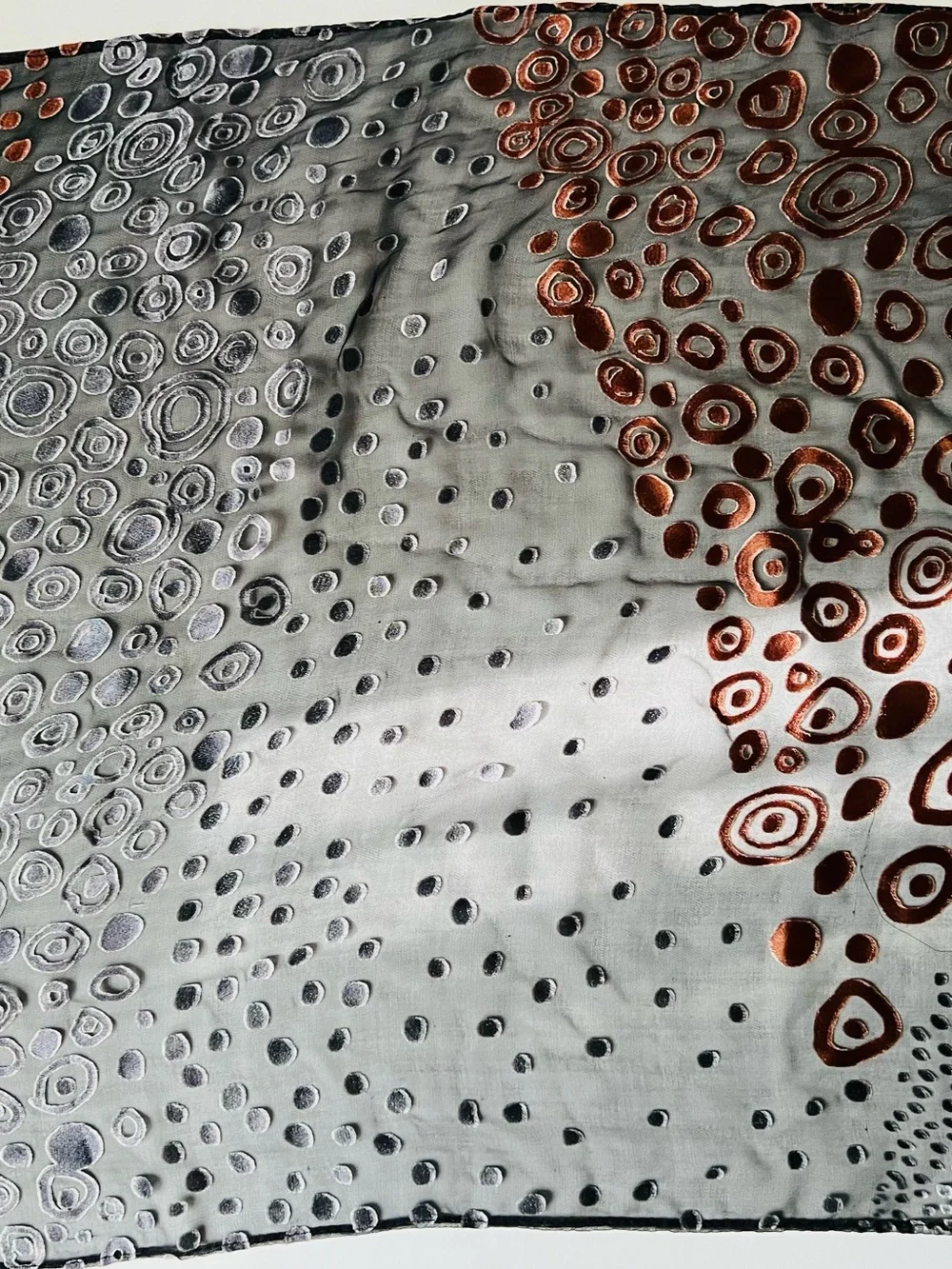Cynthia Rowley Devore’ metallic copper pebble Sheer, black burnout Scarf